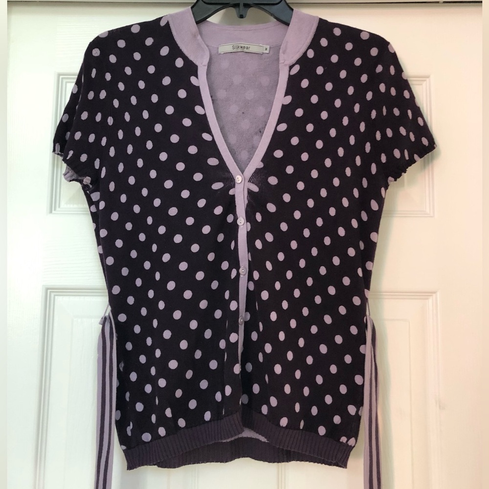 Silkwear Purple Polka Dot Buttoned V-Neck Belted Knit Cardigan Top Blouse - Picture 2 of 16